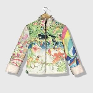 Sweet Jane Fleece Jacket Kid L Multicolor Tropical Cat Art Boho Sherpa Lined Y2K